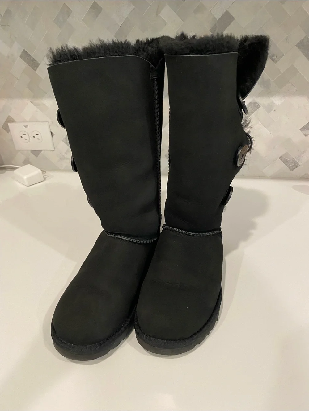 UGG Black Button-Trim Tall Shearling Boots, Size 7